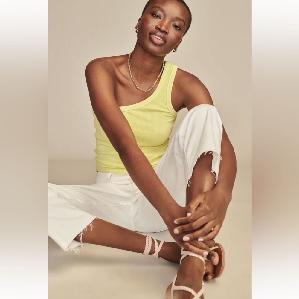 Lucky Brand Asymmetric One Shoulder Sleeveless Top Ribbed Yellow Medium